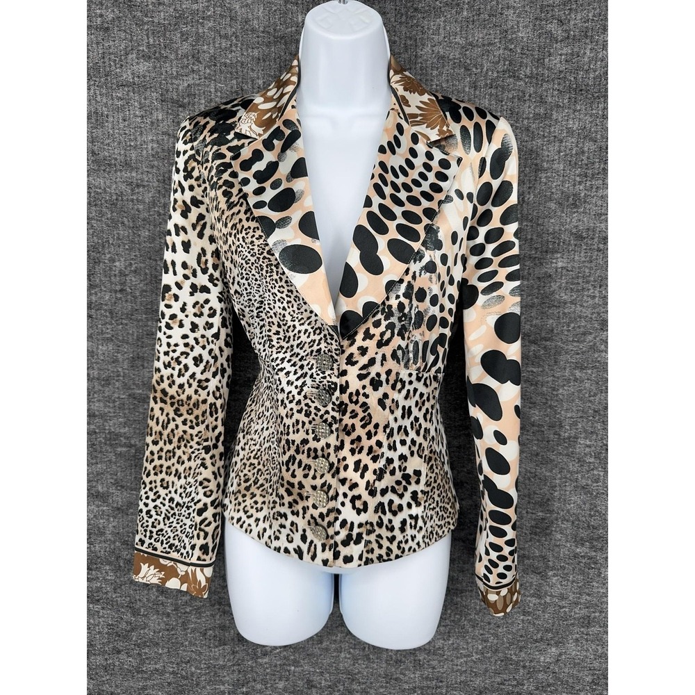 Angelo Marani Blazer Womens 44 Beige Animal Print Satin‎ Button Front Italy